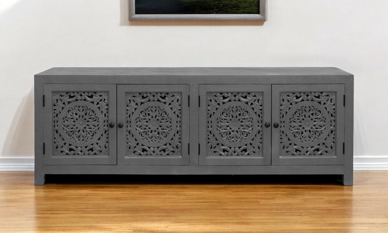 86" Carved Floral Distressed Solid Wood Enclosed Storage TV Stand - Dark Gray