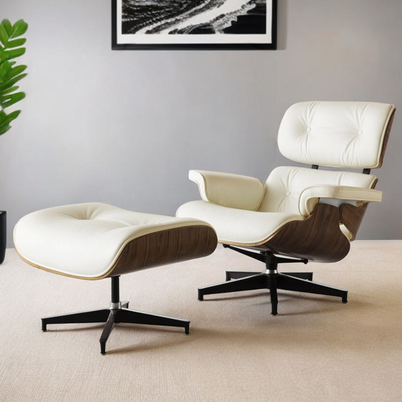 Genuine Leather Tufted Swivel Lounge Chair With Ottoman - Beige And Dark Brown