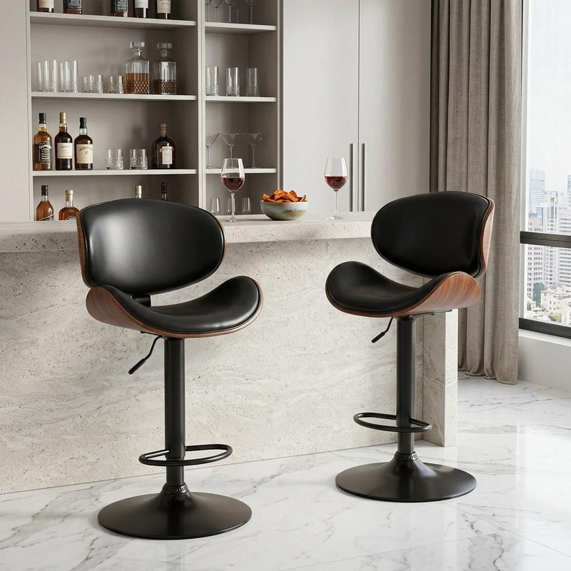 Faux Leather Adjustable Height Swivel Bar Chairs (Set of 2) - Black / Brown