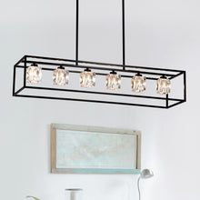 Load image into Gallery viewer, 6 Light Farmhouse Chandelier, Modern Industrial Linear Rectangular Crystal Pendant Light Cage Chandelier For Dining Room, Kitchen Island, Bar, Long Table, G9*6 Bulbs Included - Matte Black
