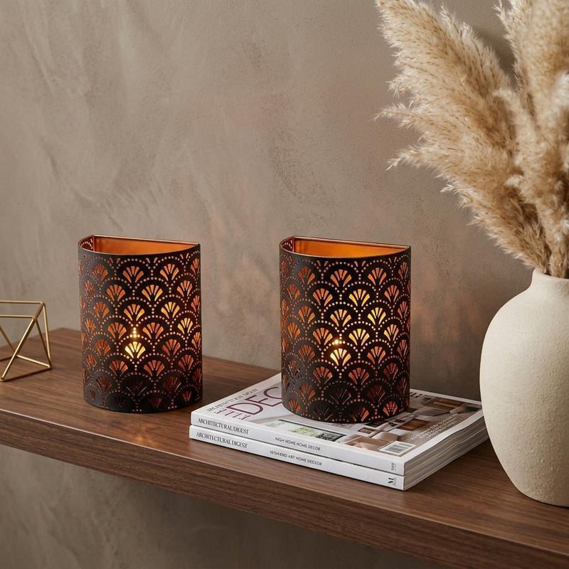 Geometric Battery Powered Desk Lamps With Cylinder Shades (Set of 2) - Bronze