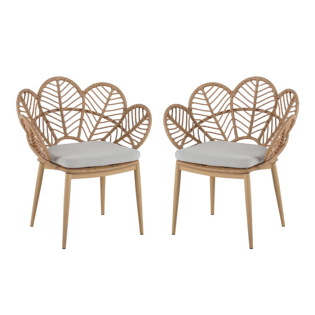 Kirk - Outdoor Wicker Peacock Shape Papasan Style Chair, Teak Finished Leg (Set of 2) - Beige / Light Brown / Light Teak