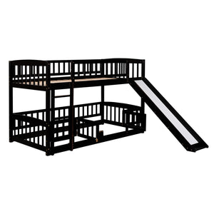 Bunk Bed with Slide,Twin Over Twin Low Bunk Bed with Fence and Ladder for Toddler Kids Teens Espresso