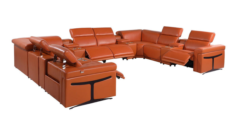 Italian Leather Power Reclining U Shaped Twelve Piece Sectional With Console - Camel