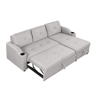 80.3" Orisfur. Pull Out Sofa Bed Modern Padded Upholstered Sofa Bed , Linen Fabric 3 Seater Couch with Storage Chaise and Cup Holder , Small Couch for Small Spaces