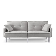 Load image into Gallery viewer, Polyester Blend Convertible Futon Sleeper Sofa And Toss Pillows With Silver Legs - Light Gray
