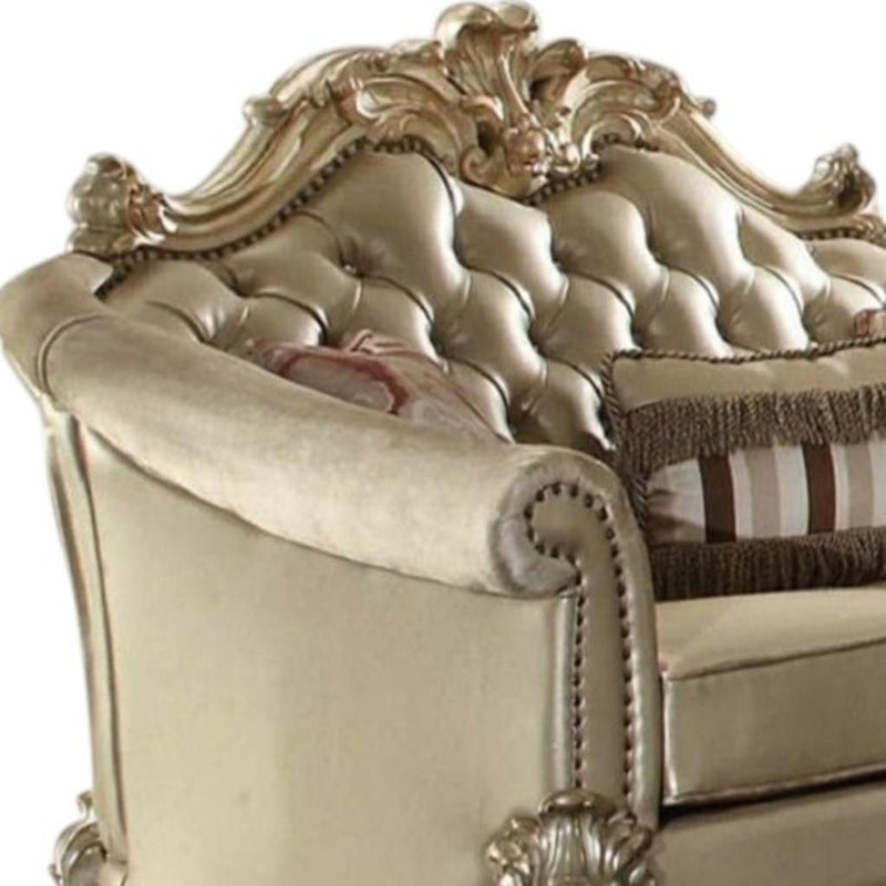 Faux Leather Loveseat And Toss Pillows - Gold / Bone