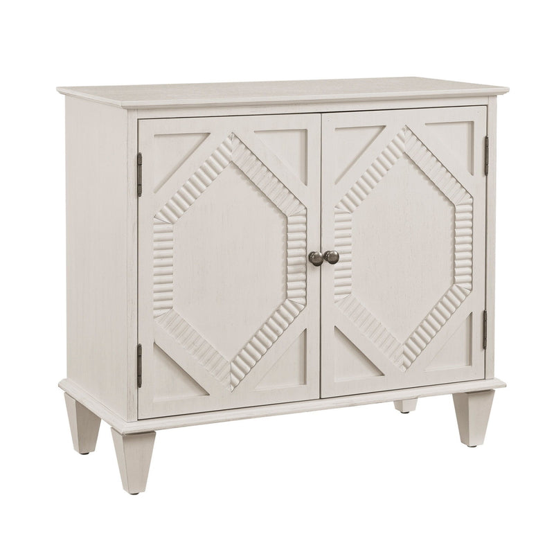 Wood Carved Geometric Accent Cabinet With Two Doors - White