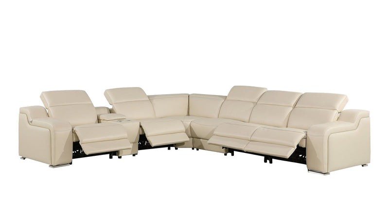Leather Power Reclining Curved Seven Piece Corner Sectional With Console - Beige