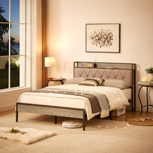 Load image into Gallery viewer, Bed frame with charging station full size, Grey, 83.1&#39;&#39; L x 56.1&#39;&#39; W x 39.2&#39;&#39; H.
