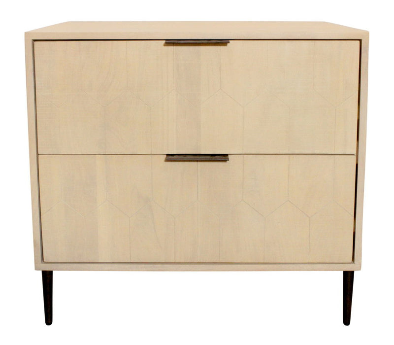 28" Solid Wood Distressed Carved Geometric Two Drawer Nightstand - Natural