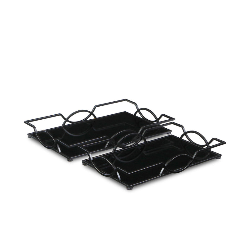 20" Rectangular Metal And Mirror Handmade Trays (Set of 2) - Black