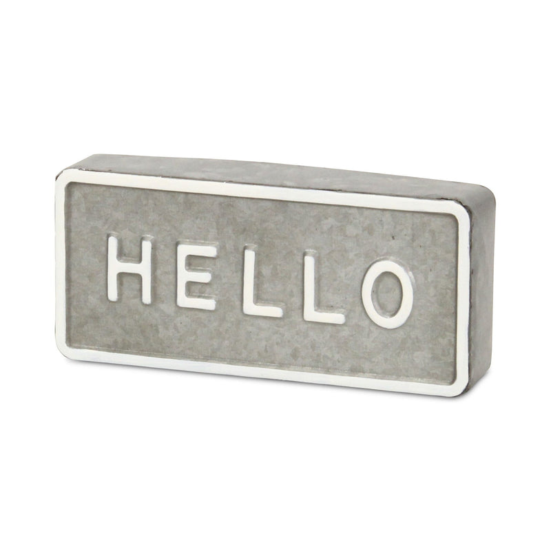 Galvanized Hello Hand Painted Tabletop Sign - Gray / White