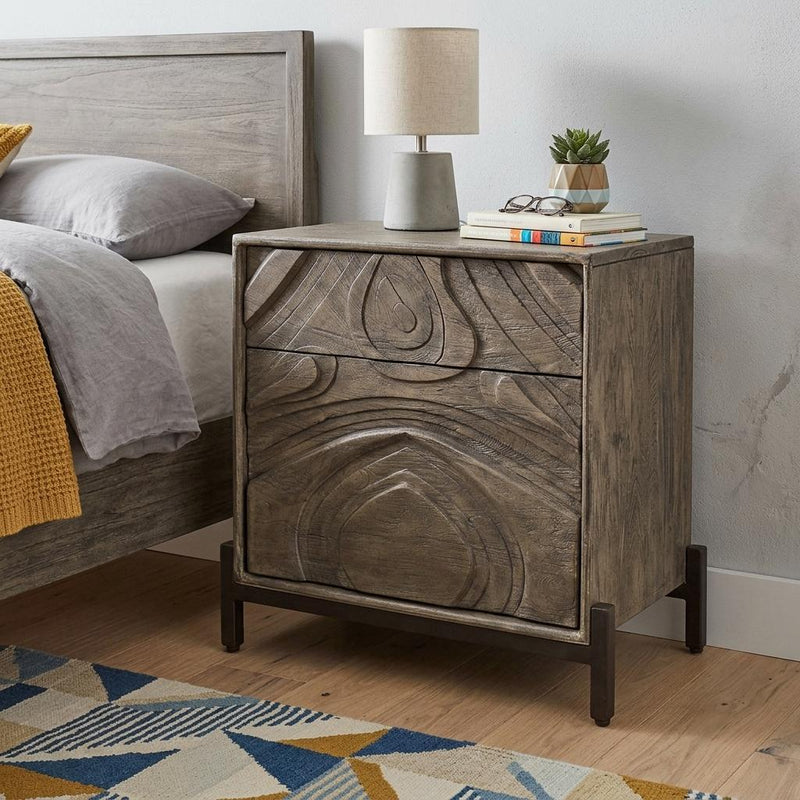 Solid Wood Distressed Carved Abstract One Drawer Nightstand - Ash Gray