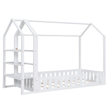 Load image into Gallery viewer, Twin Size Wood House Bed with Fence and Detachable Storage Shelves, White
