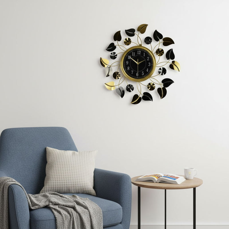 Silent Analog Floral Round Wall Clock - Gold / Black / Silver