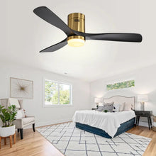 Load image into Gallery viewer, Flush Mount Ceiling Fan With 3 Solid Wood Blades Remote Control Reversible DC Motor For Living Room - Gold
