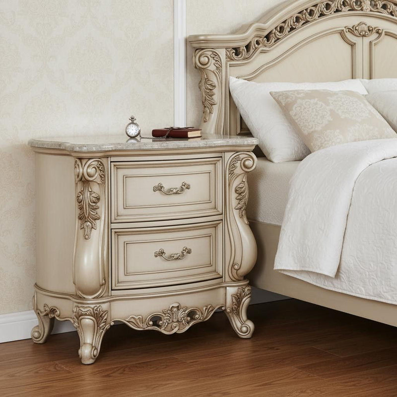 Two Drawers Mirrored Nightstand - Antiqued White
