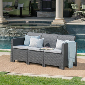 67.7" Outdoor 3-Seater Faux Wicker Rattan Style Sofa with Water Resistant Cushions, Charcoal / Light Grey