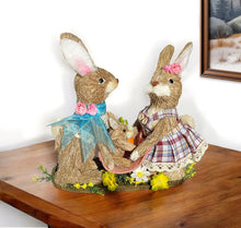 Load image into Gallery viewer, Straw Rabbit Easter Easter Bunny Figurine - Blue / Pink / Brown

