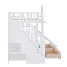 Load image into Gallery viewer, Twin-Over-Twin Castle Style Bunk Bed with 2 Drawers 3 Shelves and Slide - White
