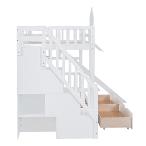 Twin-Over-Twin Castle Style Bunk Bed with 2 Drawers 3 Shelves and Slide - White