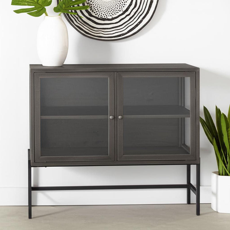36" Solid Wood And Metal Display Cabinet With Two Doors - Black / Brown