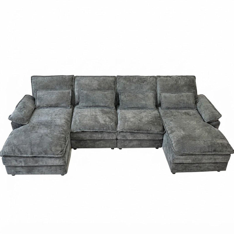 Chenille Modular U Shaped Four Piece Sofa And Chaise Sectional With Console And Toss Pillows - Gray