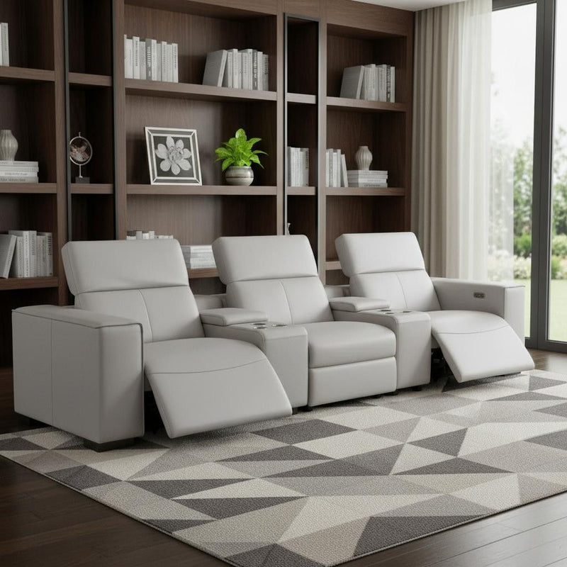 Top Grain Leather Reclining Metal USB Sofa (720315) - Light Gray