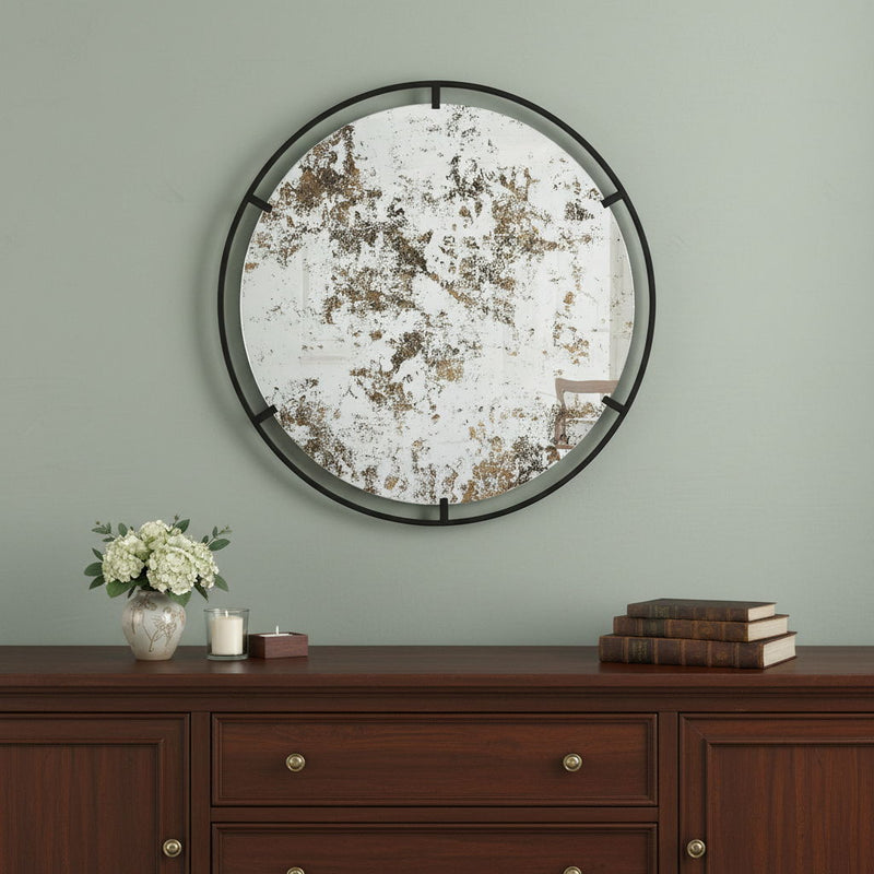 32" Round Framed Iron Accent Mirror - Black