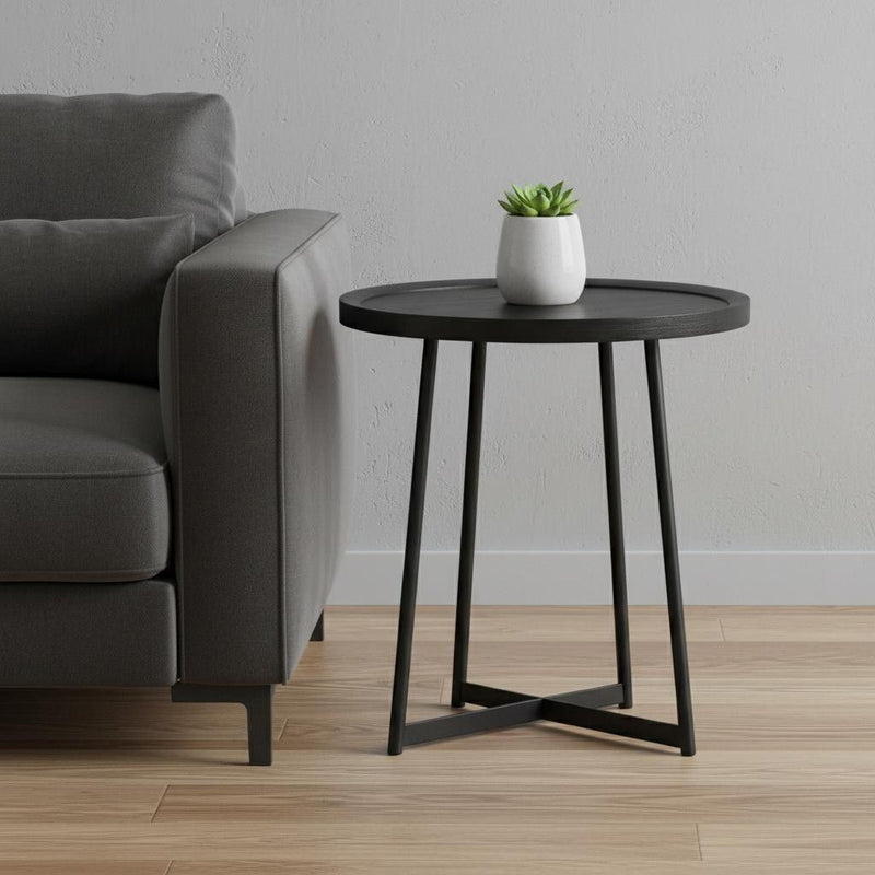 Round Side Table - Black Ash Wood And Black