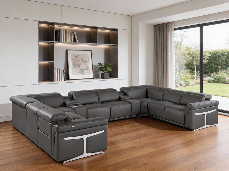 Italian Leather Power Reclining U Shaped Ten Piece Corner Sectional With Console - Dark Gray