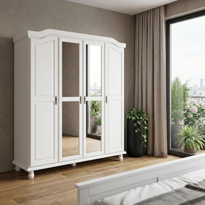 Solid Wood Mirrored Four Door Combo Dresser (764846) - White
