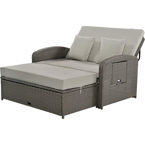 TOPMAX PE Wicker Rattan Double Chaise Lounge, 2-Person Reclining Daybed with Adjustable Back and Cushions, Free Furniture Protection Cover,Gray