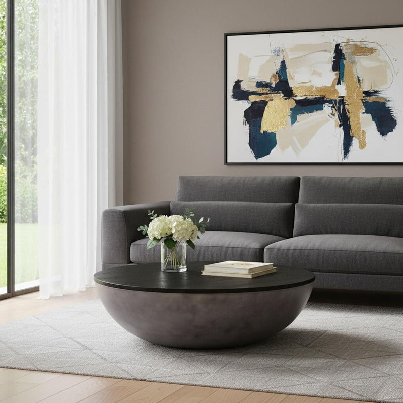 Solid Wood And Concrete Round Coffee Table - Black And Gray
