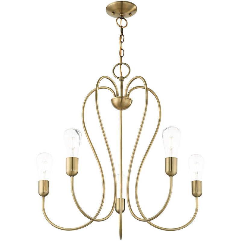 25" Five Light Dimmable Chandelier With Shades - Antiqued Brass
