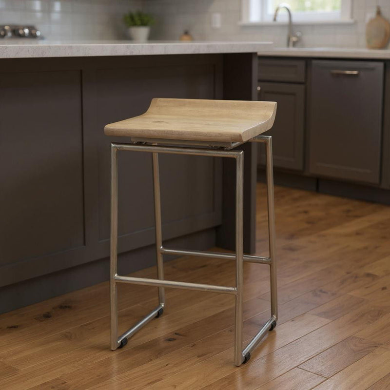 25" Solid Wood And Iron Low Back Counter Height Bar Chair - Silver / Natural