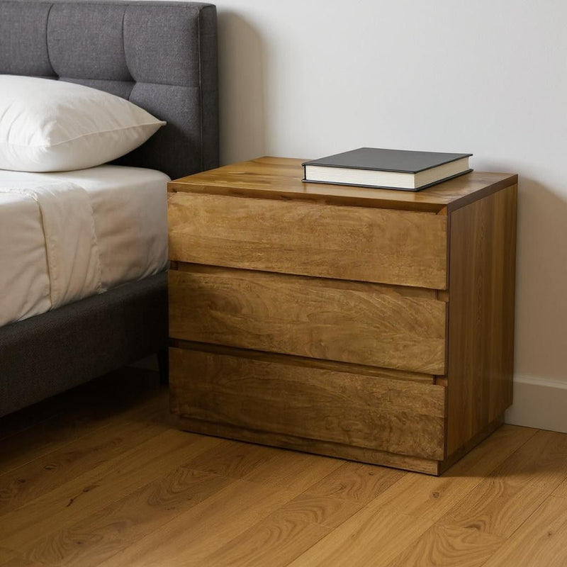 Solid Wood Distressed Three Drawer Nightstand - Tan