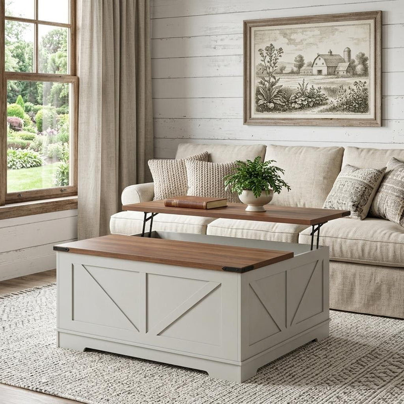 Lift Top Trunk Coffee Table With Two Shelves - Brown / White