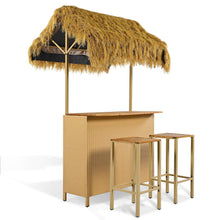 Load image into Gallery viewer, Hawaiian-Style Bar Height Patio Set With PE Grass Canopy, Outdoor Bar Table And Stools With Adjustable Feet, Acacia Wood Top, For Dining And Drinking - Natural
