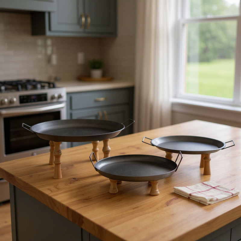 Wood Metal Round Riser Trays With Handles (Set of 3) - Black / Brown