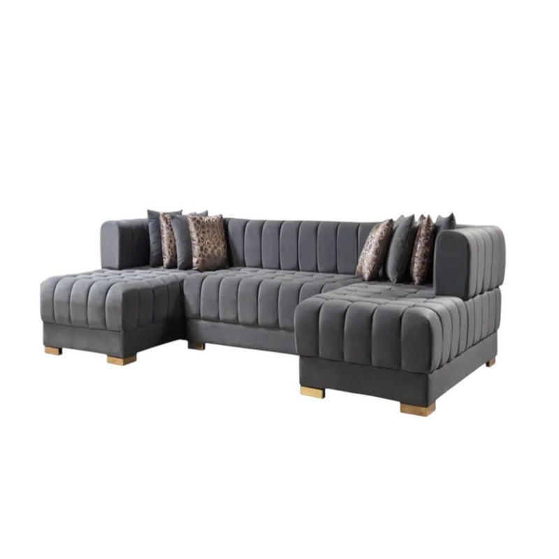 Velvet U-Shaped Three Piece Sofa Chaise Sectional With Toss Pillows - Gray