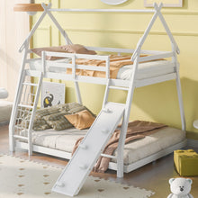 Load image into Gallery viewer, Twin over Queen House Bunk Bed with Climbing Nets and Climbing Ramp, White
