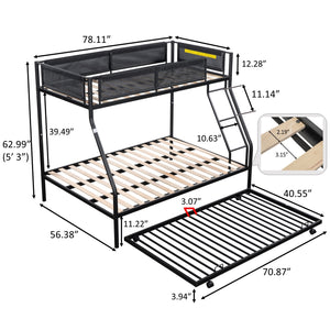 Twin over Full Metal Bunk Bed with Trundle/ Sturdy Metal Bed Frame/ Noise-Free Wood Slats/ Comfortable Textilene Guardrail/ Space-saving Trundle/ Bunk Bed for Three/ No Box Spring Needed