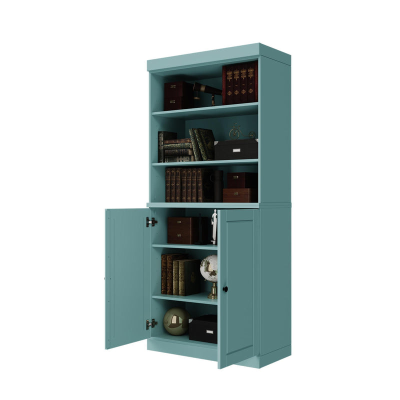Solid Wood Adjustable Six Tier Library Bookcase With Two Doors (745685) - Aqua