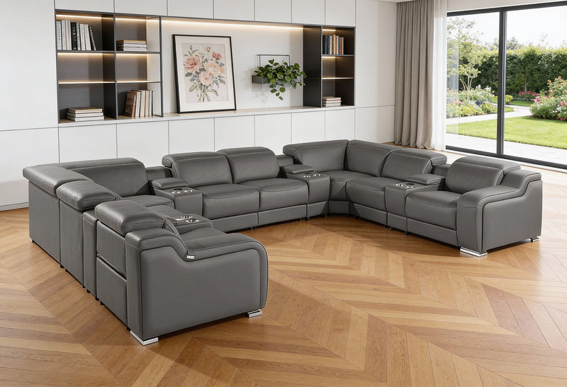 Italian Leather Power Reclining U Shaped Twelve Piece Corner Sectional With Console - Dark Gray