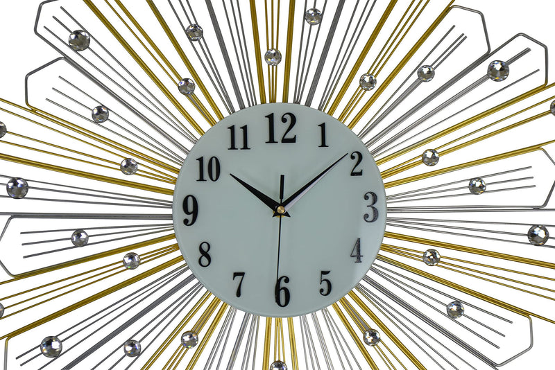 Faux Crystals Silent Analog Sunburst Wall Clock - Gold / Silver / White