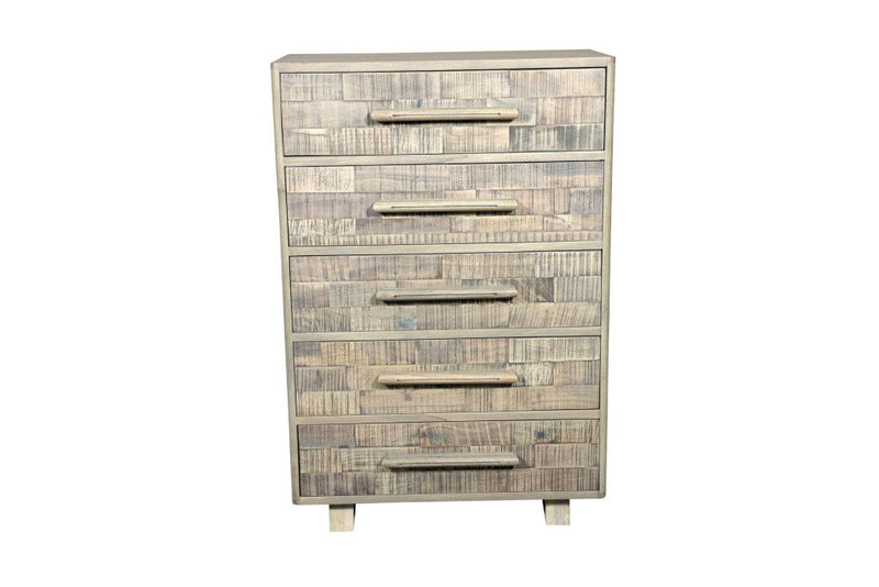35" Carved Geometric Solid Wood Five Drawer Dresser - White