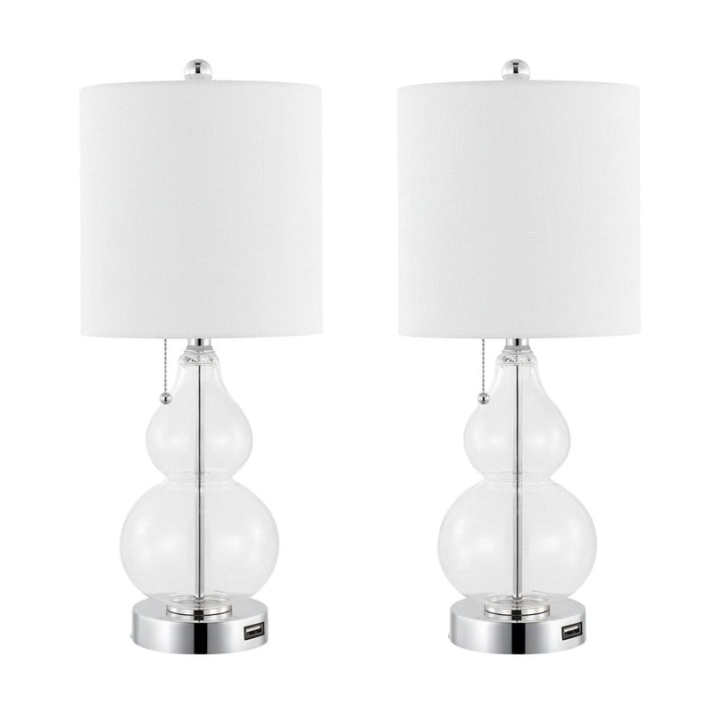 Gourd USB Bedside Lamps With Drum Shades (Set of 2) - Silver