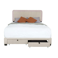 Load image into Gallery viewer, QUEEN SIZE UPHOLSTERED BED WITH ADJUSTABLE HEIGHT / MATTRESS 10 TO 14 INCHES / LED DESIGN WITH FOOTBOARD DRAWERS STORAGE / NO BOX SPRING REQUIRED BEIGE
